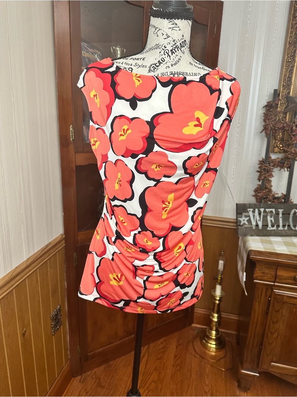 Sleeveless Coral Floral Ruched Blouse - Womens